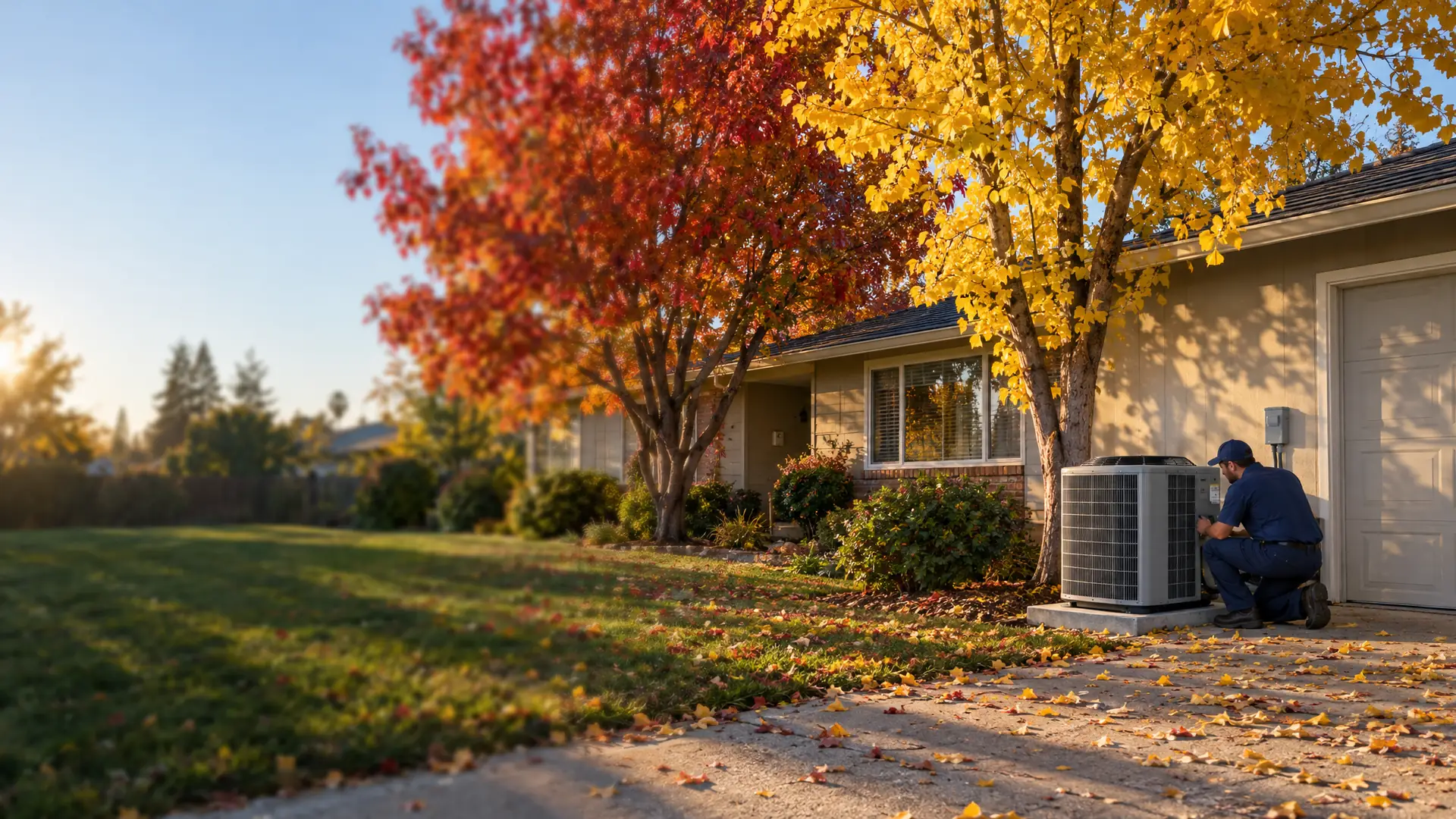 Technician checking an outdoor heat pump beside a Sacramento ranch home under red and gold autumn trees.